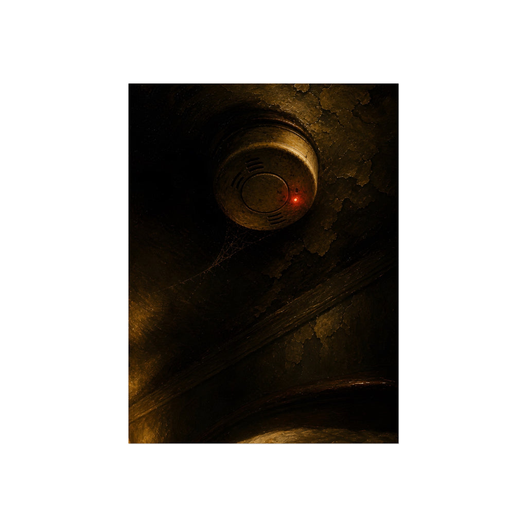 A smoke detector on a stained ceiling, its red light on, cobweb below. The Watch Above Sleep by Garabaggio, fine art print, 12″ x 16″.