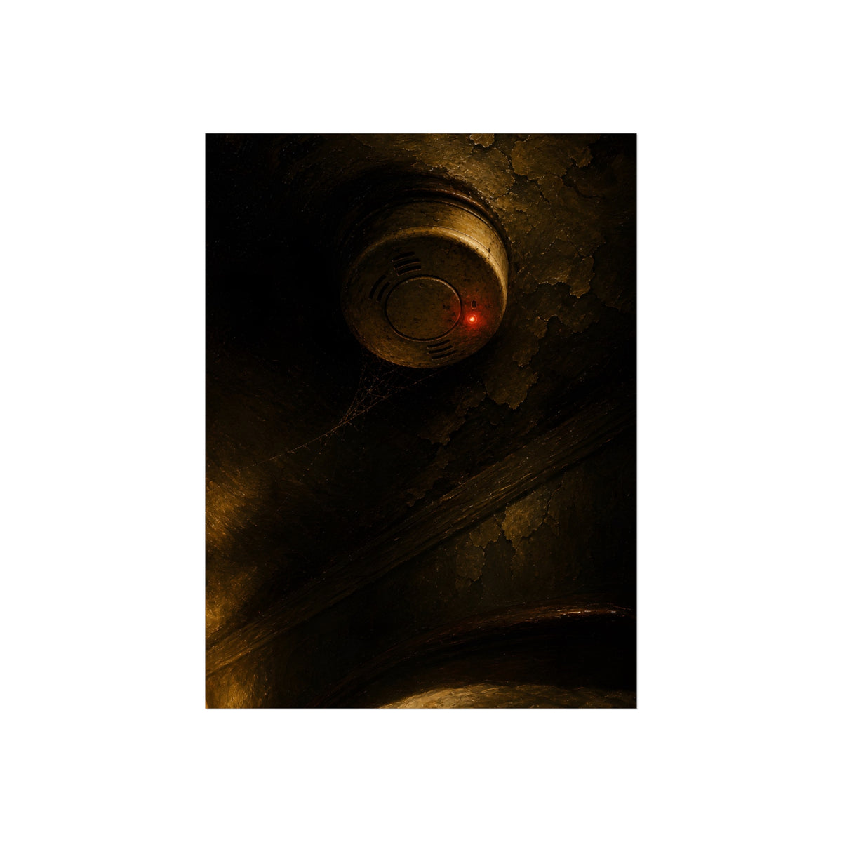 A smoke detector on a stained ceiling, its red light on, cobweb below. The Watch Above Sleep by Garabaggio, fine art print, 12″ x 16″.