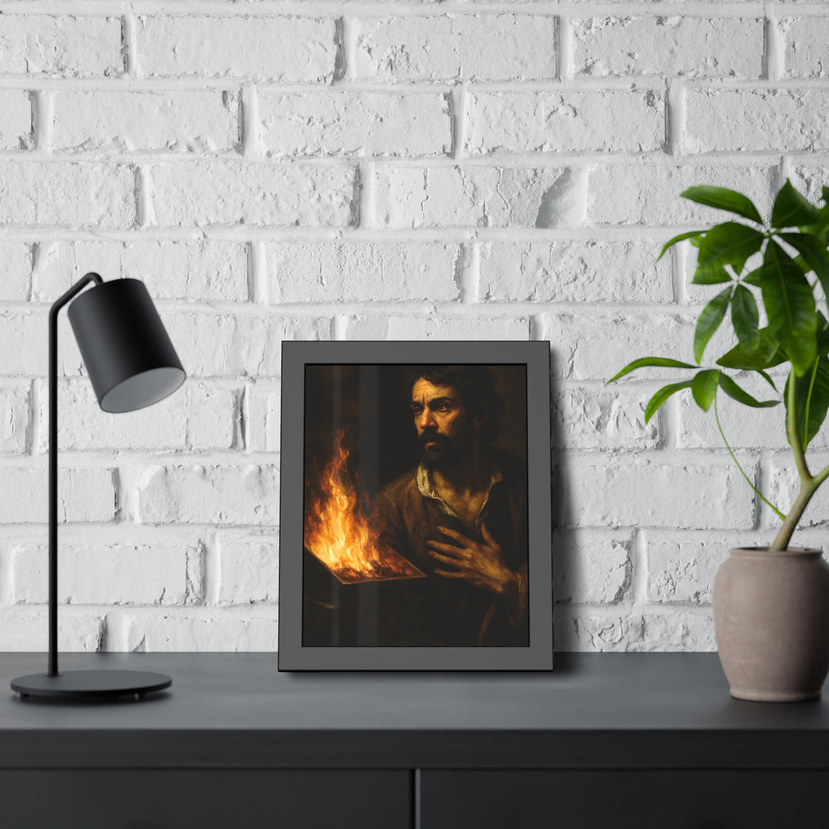 Man with a hand flat on his chest looking toward a low burning bin. Self-Portrait with Oath by Garabaggio, framed fine art print hanging in a room.