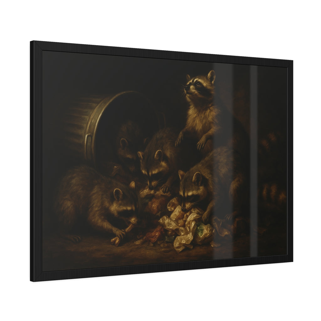 Five raccoons around a toppled metal trash can and spilled scraps. The Entombment of the Garbage by Garabaggio, framed fine art print hanging in a room.