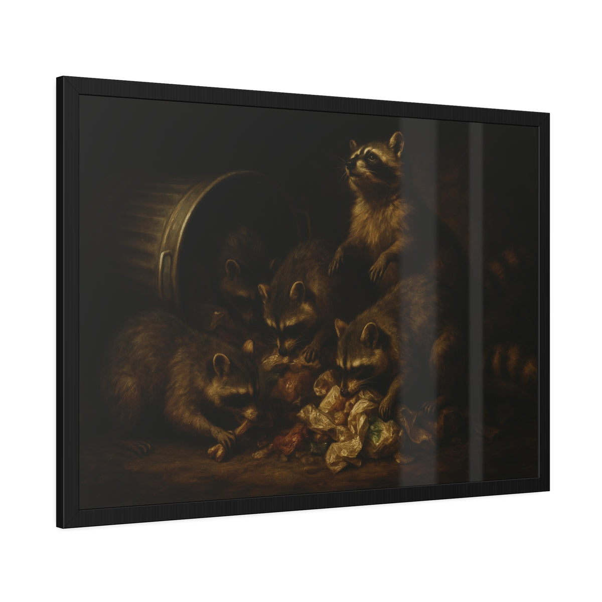 Five raccoons around a toppled metal trash can and spilled scraps. The Entombment of the Garbage by Garabaggio, framed fine art print hanging in a room.