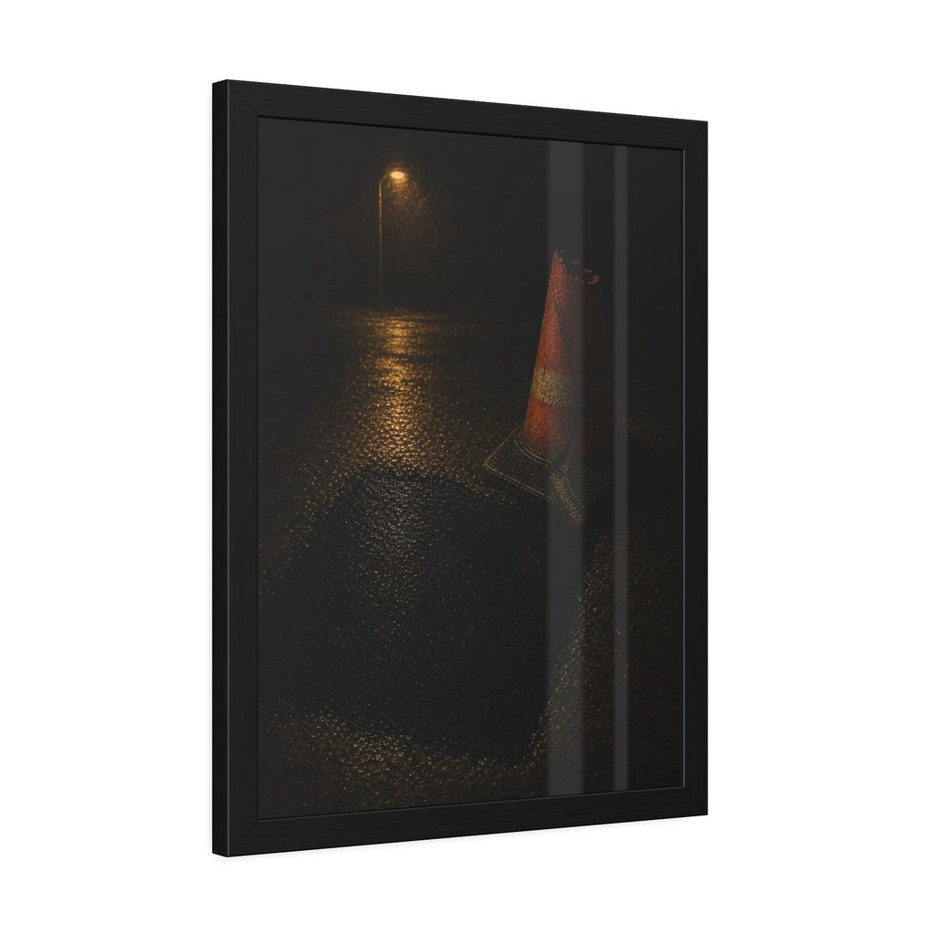 A traffic cone beside a fresh asphalt patch under a street lamp. The Sentinel After Repair by Garabaggio, framed fine art print hanging in a room.