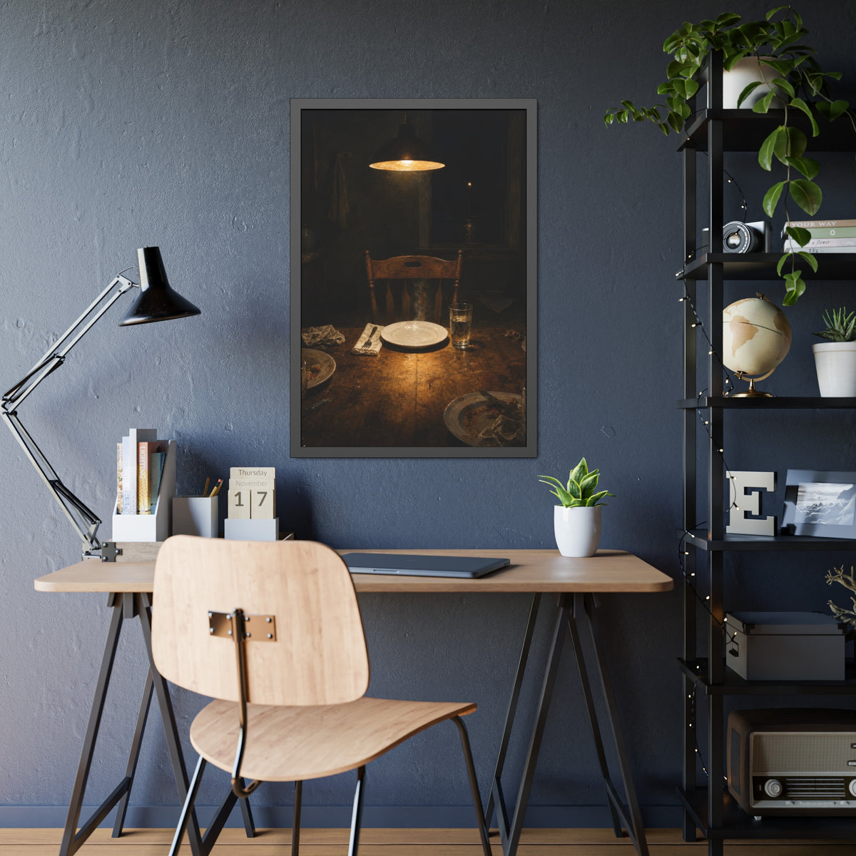 A clean plate and empty chair under a hanging lamp at a used dinner table. The Empty Seat at Dinner by Garabaggio, framed fine art print hanging in a room.