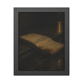 A sodden mattress slumped off a curb on wet pavement under a street lamp. The Collapse into the Gutter by Garabaggio, framed fine art print, 11″ x 14″.