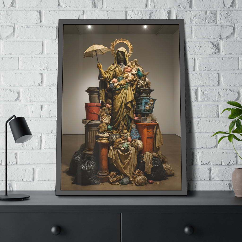 Robed figure with a halo and umbrella rising from trash bags and crates. Our Lady of Perpetual Shelter by Garabaggio, framed fine art print hanging in a room.