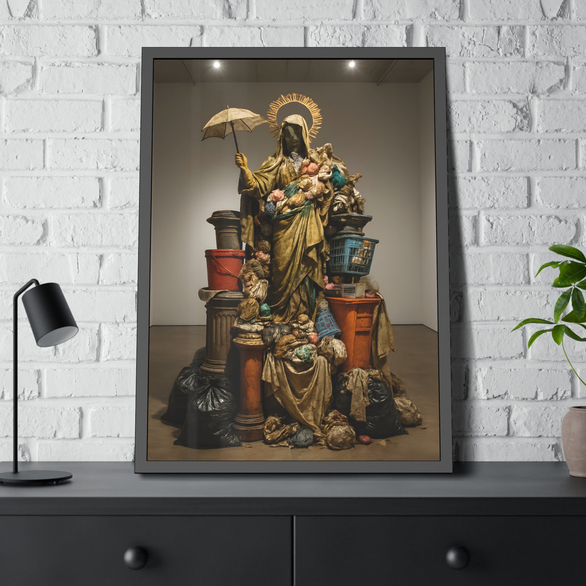 Robed figure with a halo and umbrella rising from trash bags and crates. Our Lady of Perpetual Shelter by Garabaggio, framed fine art print hanging in a room.