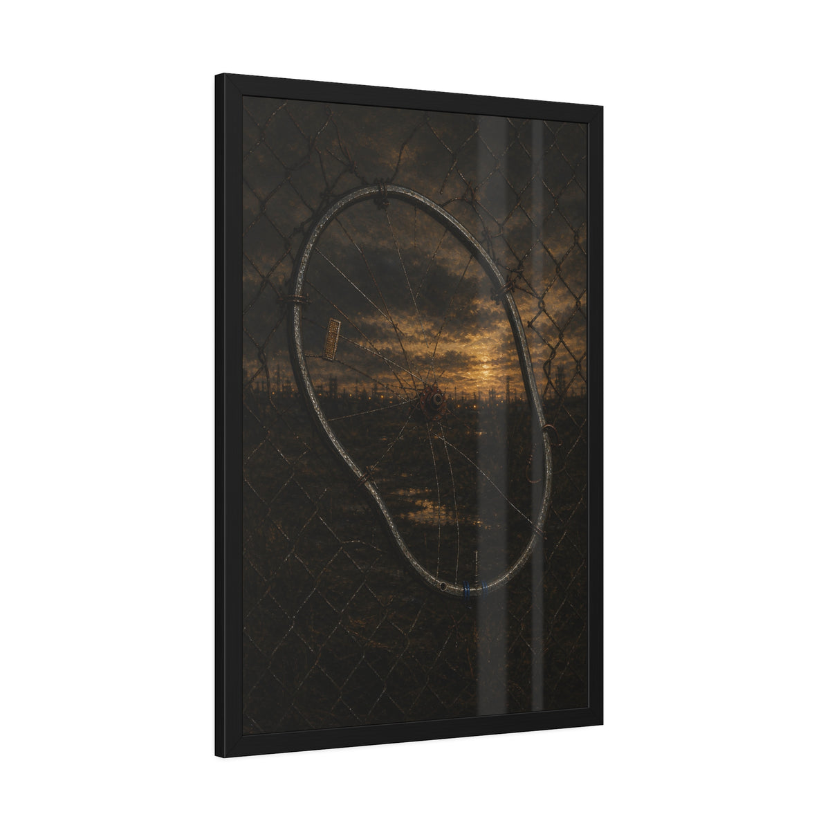 A bent bicycle wheel woven into a chain link fence against a dim sunset. The Fence Repair by Garabaggio, framed fine art print hanging in a room.