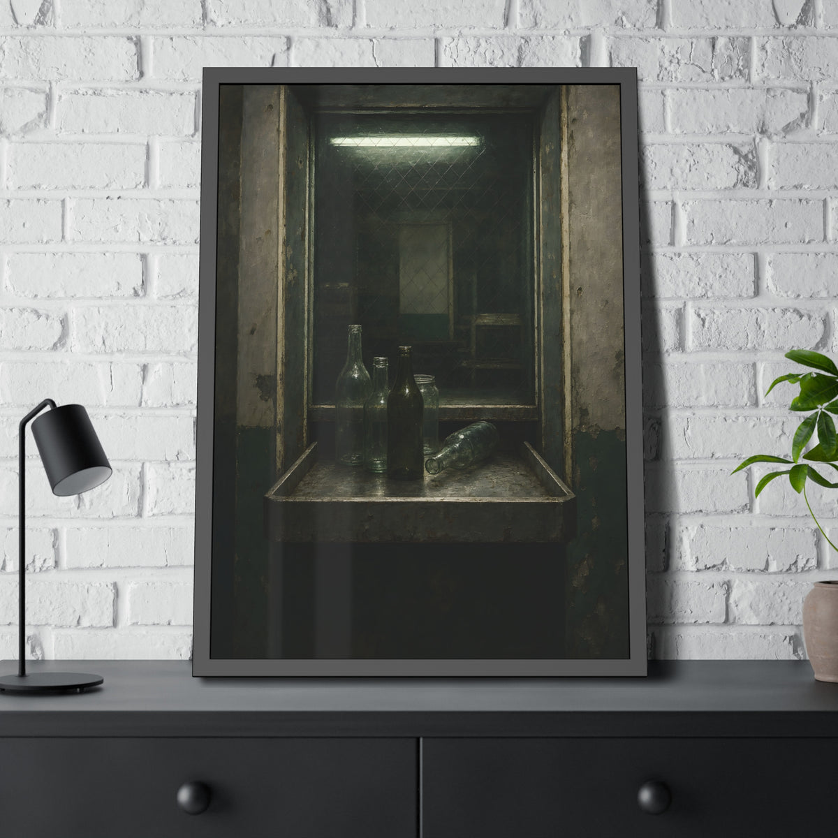 Empty glass bottles on a metal tray at a service window under a fluorescent tube. The Counting Window by Garabaggio, framed fine art print hanging in a room.