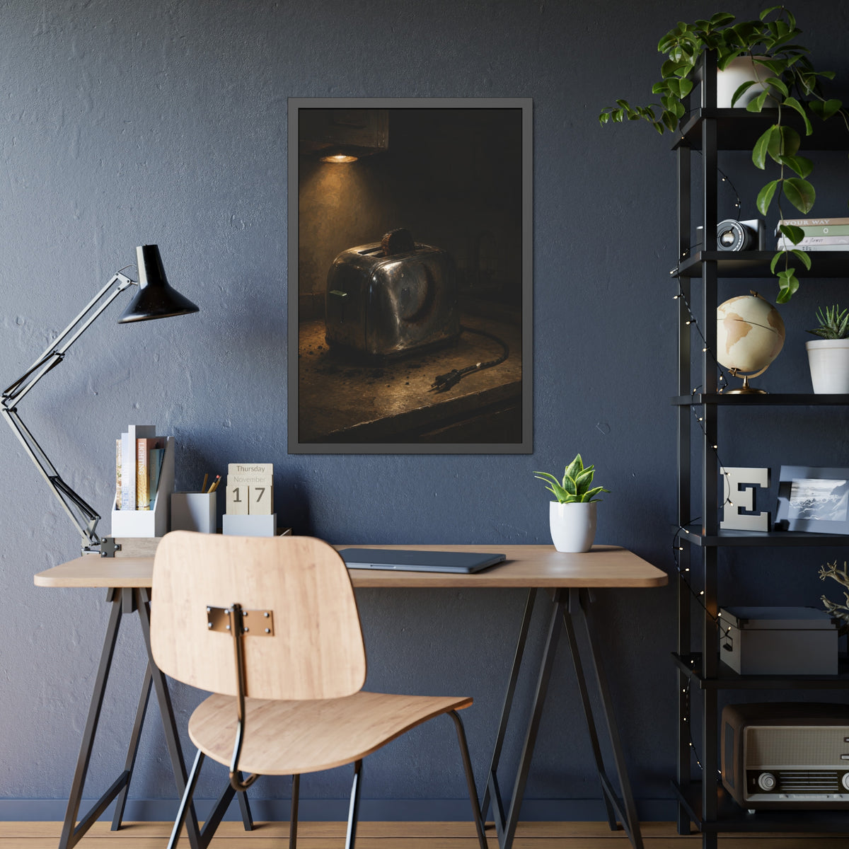 Scorched toaster with burnt toast on a counter under a cabinet light. Breakfast Interrupted by Garabaggio, framed fine art print hanging in a room.