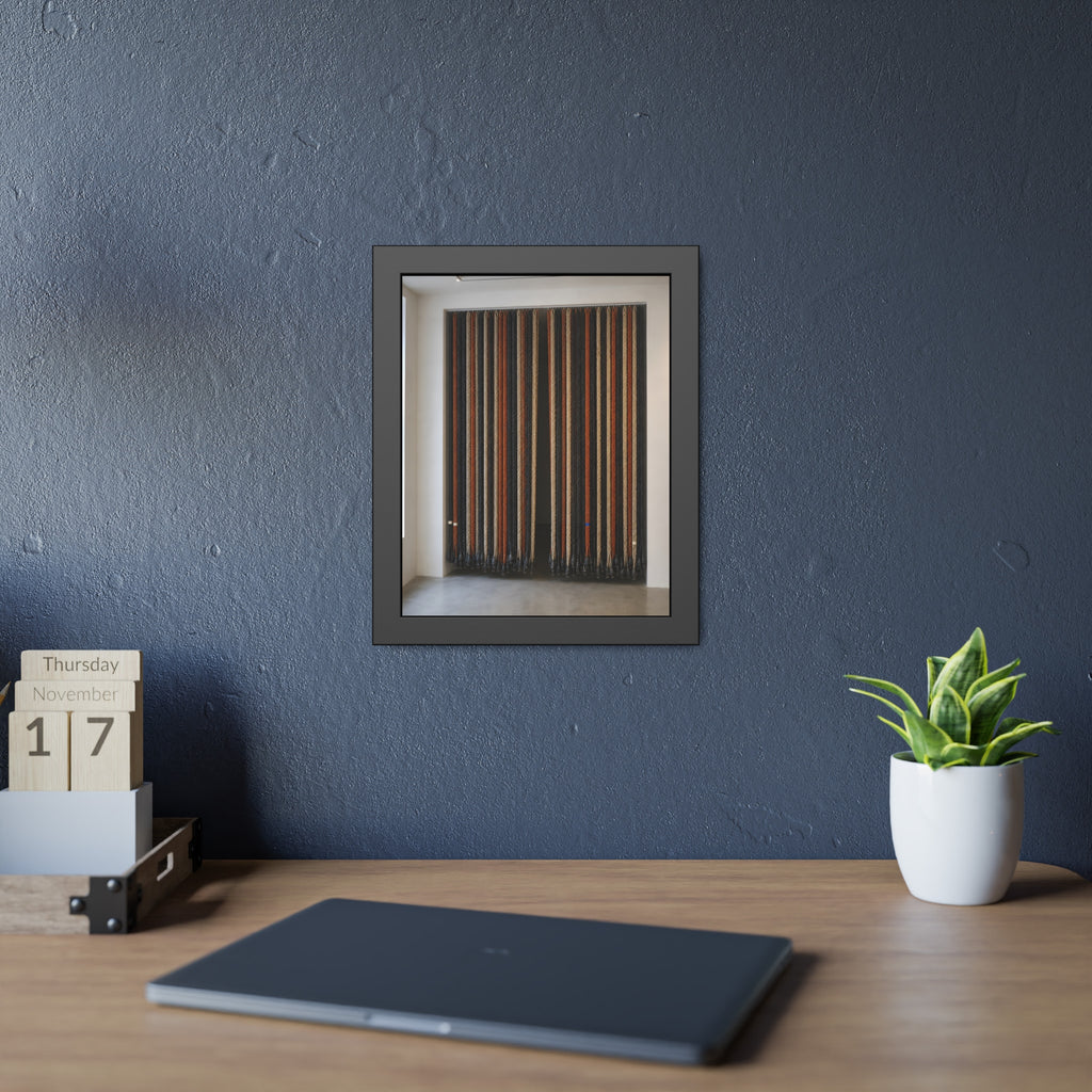 Hundreds of extension cords hung floor to ceiling across a bright white room. The Cord Curtain by Garabaggio, framed fine art print hanging in a room.