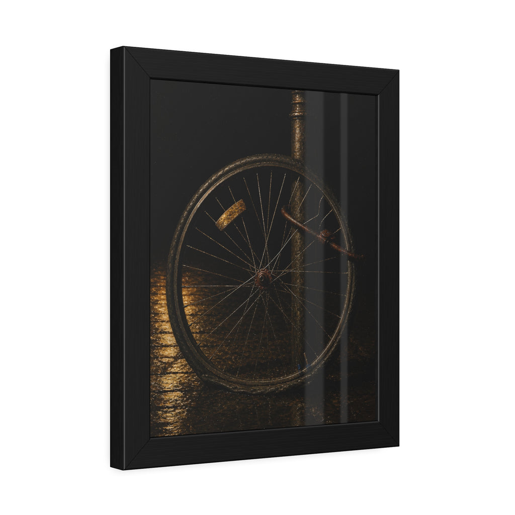 A bent bicycle wheel locked to a post on wet pavement. The Last Lock by Garabaggio, framed fine art print hanging in a room.