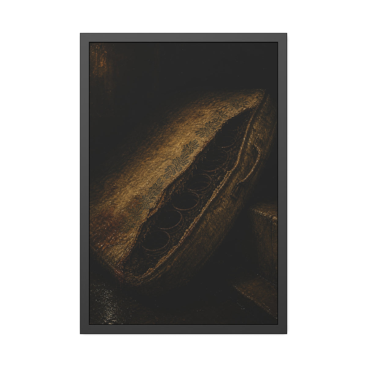 A torn mattress propped on its side, coil springs showing through the split. The Showing of the Springs by Garabaggio, framed fine art print, 24″ x 36″.
