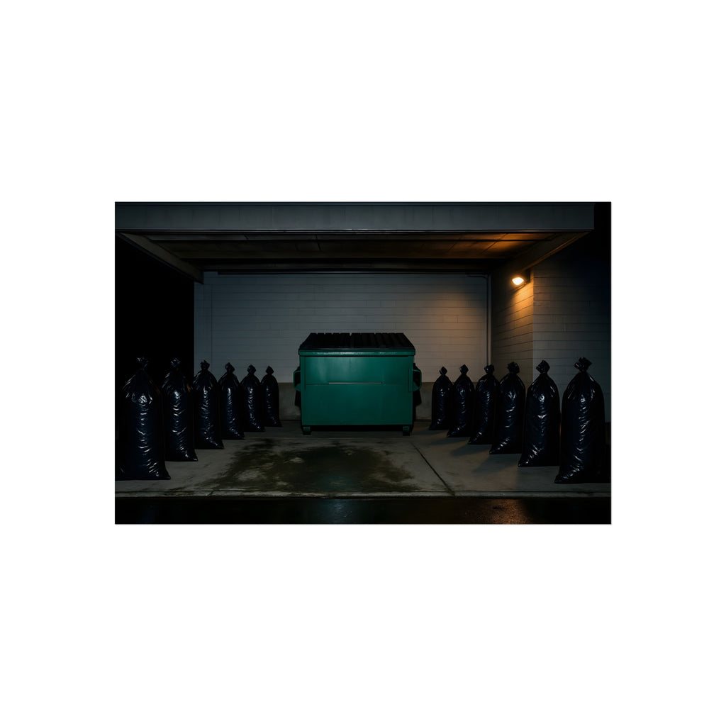 A green dumpster flanked by rows of black garbage bags under a lamp. Night Watch of the Loading Dock by Garabaggio, fine art print hanging in a room.
