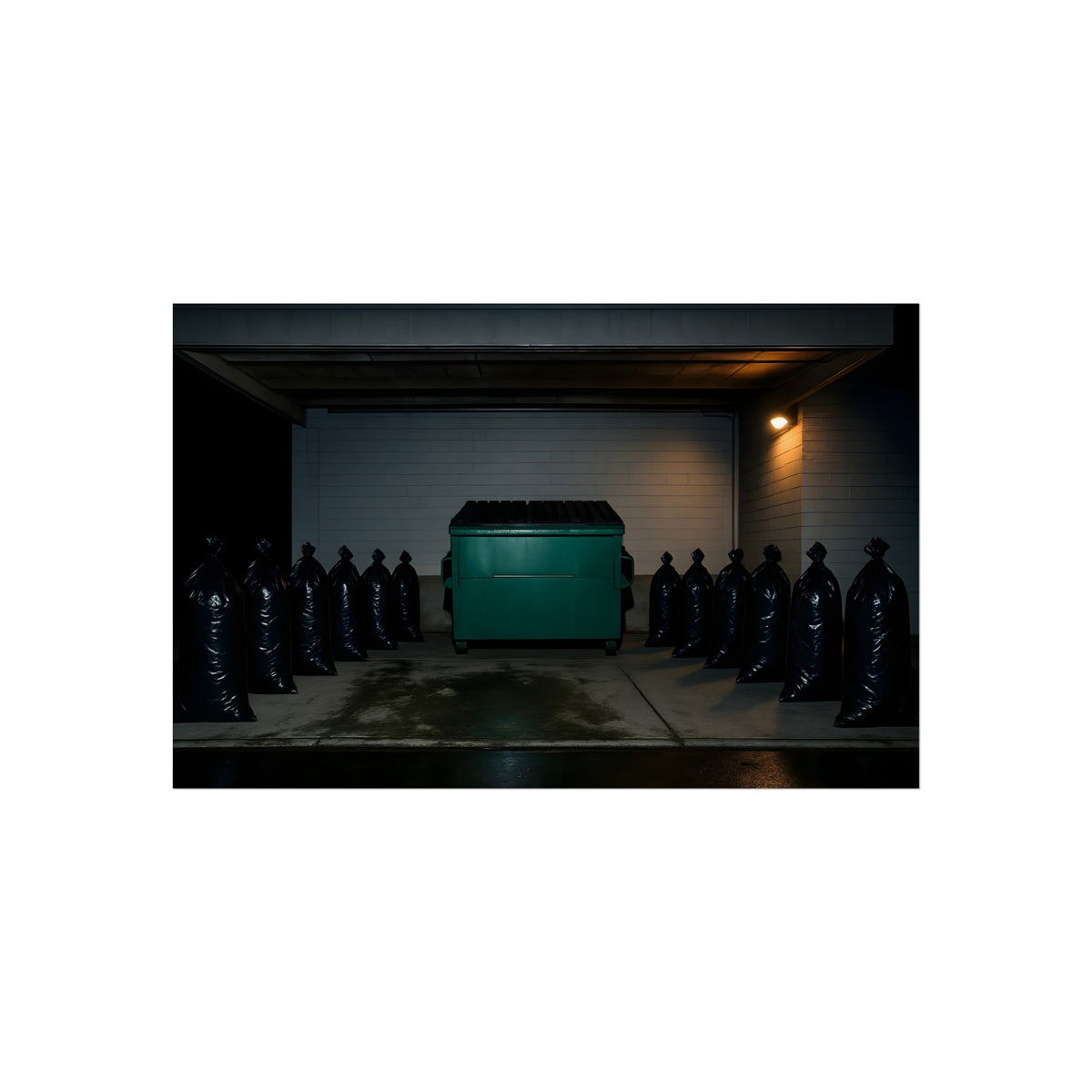 A green dumpster flanked by rows of black garbage bags under a lamp. Night Watch of the Loading Dock by Garabaggio, fine art print hanging in a room.