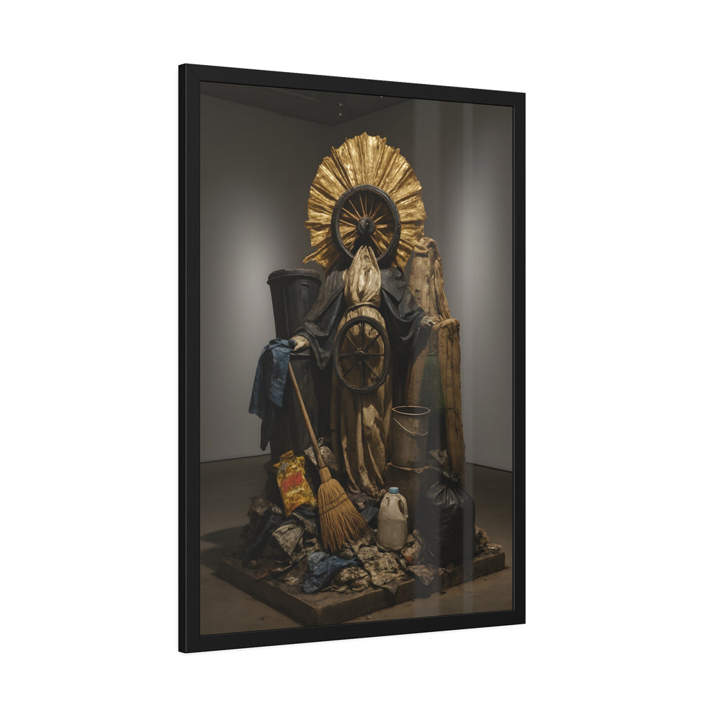 A draped figure with cart wheels above heaped trash. The Martyrdom of Saint Catherine of the Cartwheel by Garabaggio, framed fine art print hanging in a room.