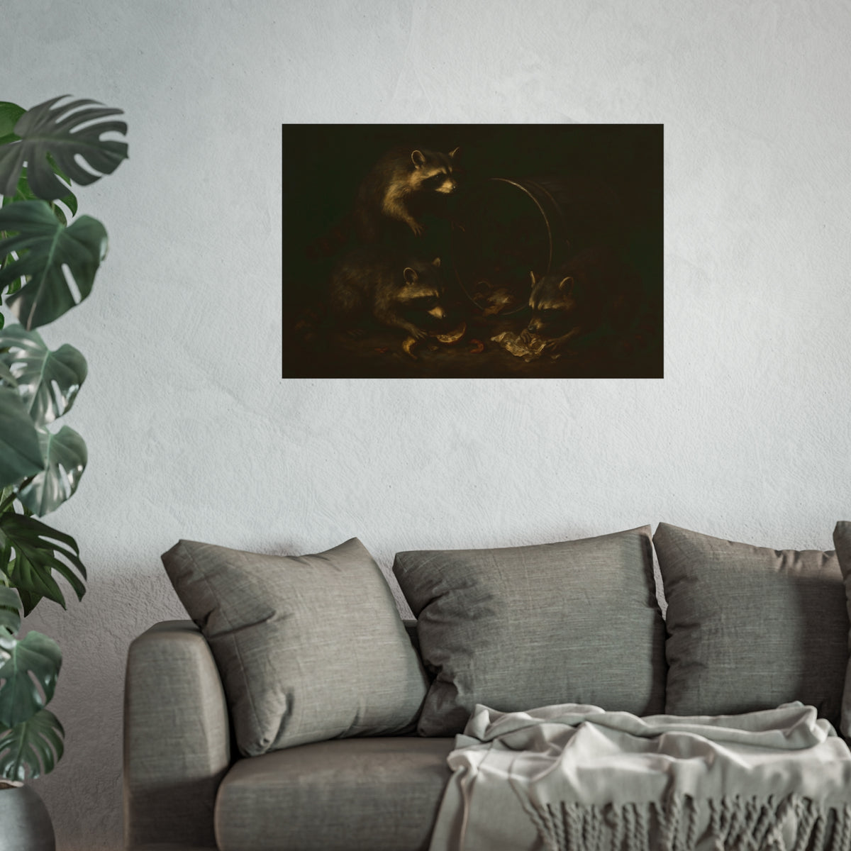 Raccoons at a tipped metal pail, one gnawing a melon rind in the dark. The Supper at the Alleyway by Garabaggio, fine art print hanging in a room.