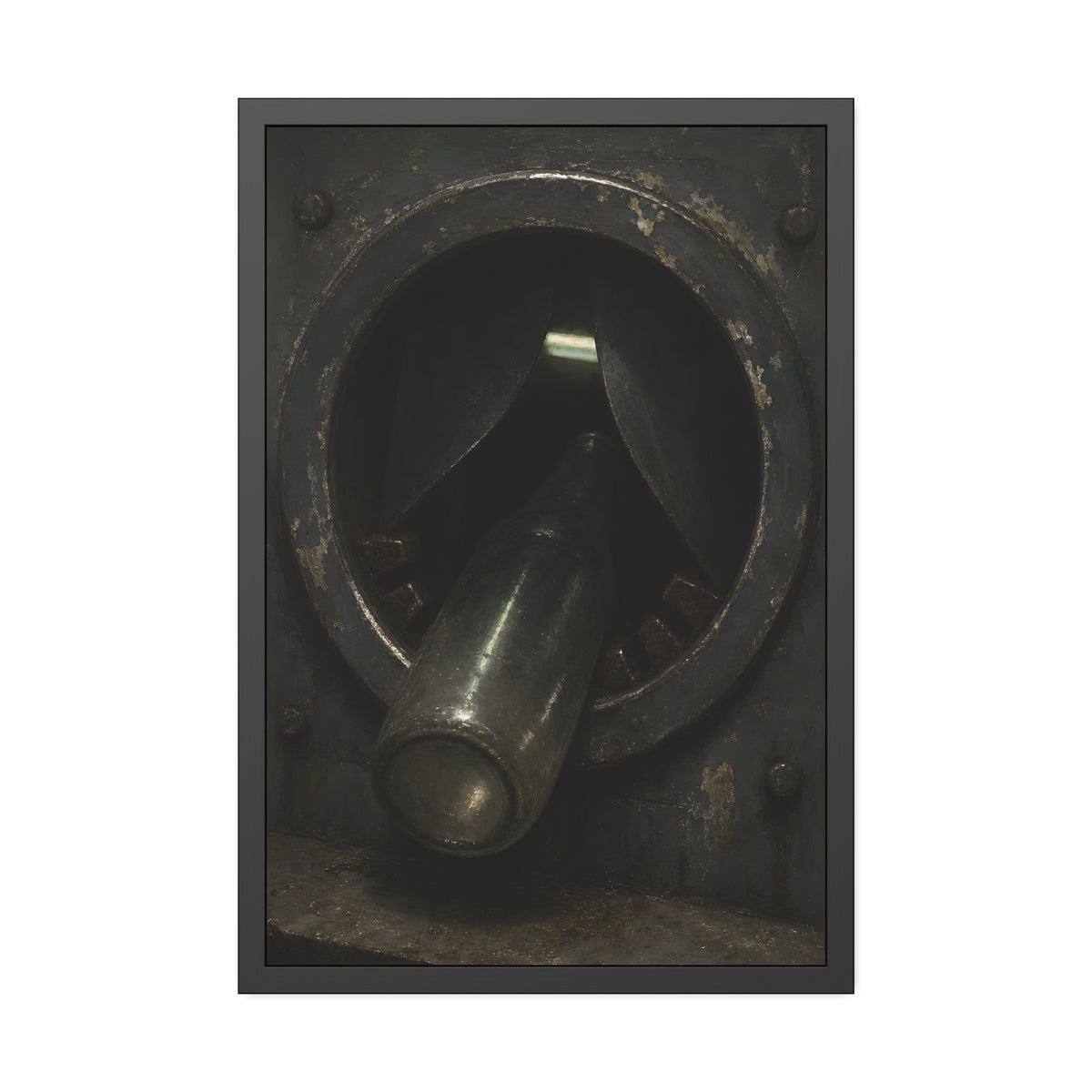 A glass bottle wedged in the round steel intake of a crushing machine. The Crusher's Mouth by Garabaggio, framed fine art print, 24″ x 36″.