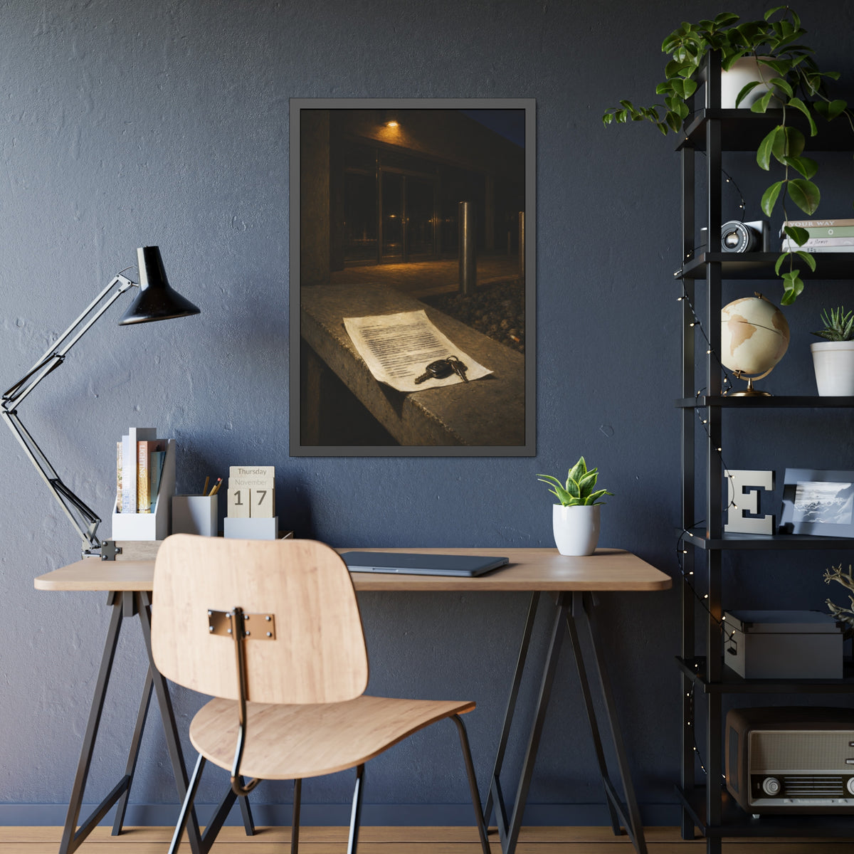 A printed page and car keys on a concrete ledge outside an office at night. The Last Email, Printed by Garabaggio, framed fine art print hanging in a room.