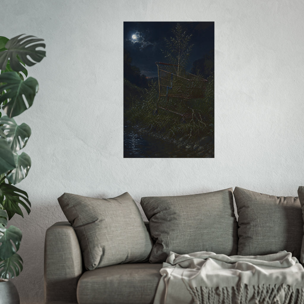 A shopping cart in creekside weeds with a sapling growing up through it. The Cart Grown Through by Garabaggio, fine art print hanging in a room.
