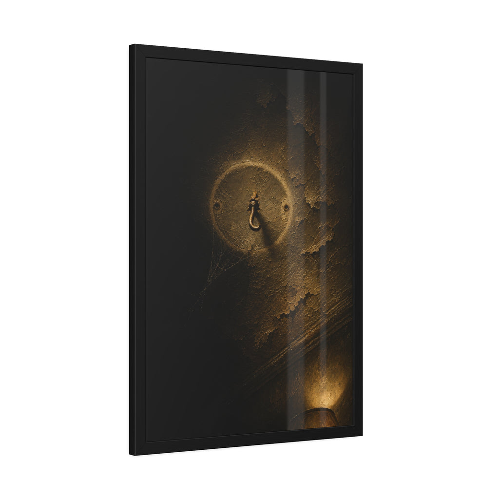 A small empty hook on a cracked ceiling, lit from one side. The Hook Without a Burden by Garabaggio, framed fine art print hanging in a room.