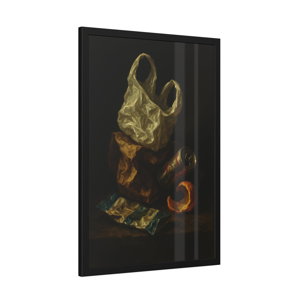A plastic bag, crushed can and orange peel on a dim table. Still Life with Orange Peel and Resignation by Garabaggio, framed fine art print hanging in a room.