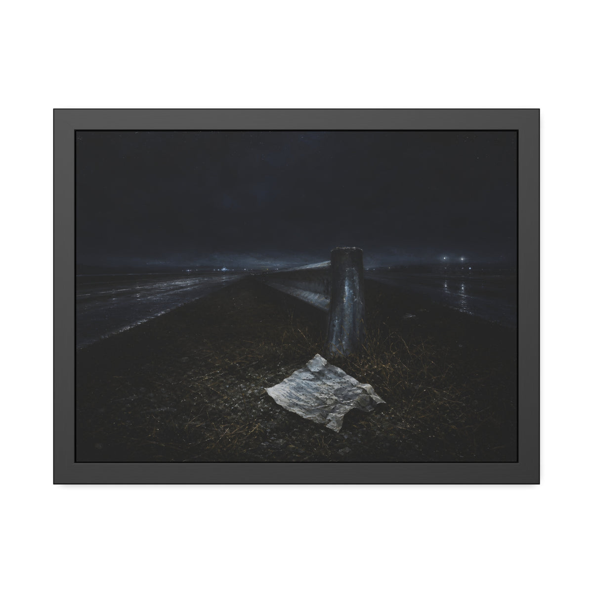 A sheet of paper on a grassy highway median beside a concrete post at night. The Resume on the Median by Garabaggio, framed fine art print, 24″ x 18″.