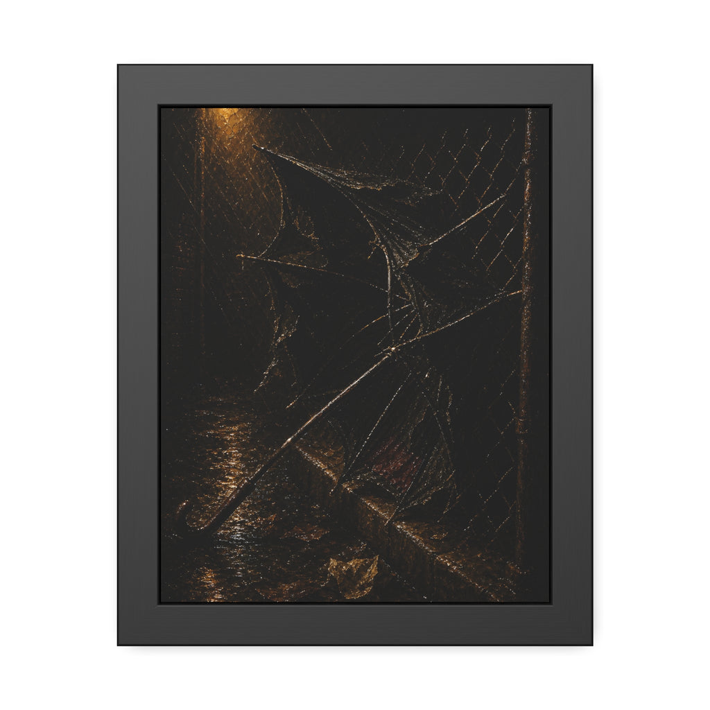 A broken umbrella pinned to a chain link fence under a rainy streetlamp. The Scourging by the Wind by Garabaggio, framed fine art print, 11″ x 14″.