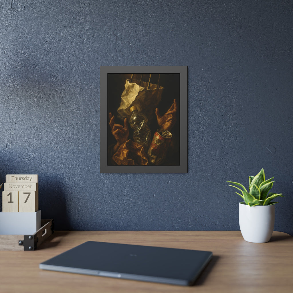 Two hands raised beside a paper bag, crushed bottle and dented can. The Assumption of the Discarded by Garabaggio, framed fine art print hanging in a room.