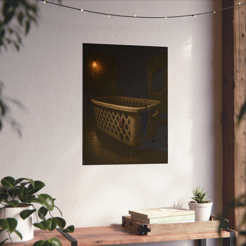 A laundry basket laced shut with blue cord under a bare bulb. The Binding with Blue Cord by Garabaggio, fine art print hanging in a room.