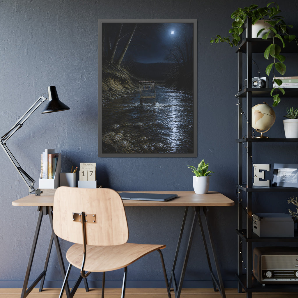 A shopping cart standing in a moonlit creek between dark trees. The Fording of the Creek by Garabaggio, framed fine art print hanging in a room.