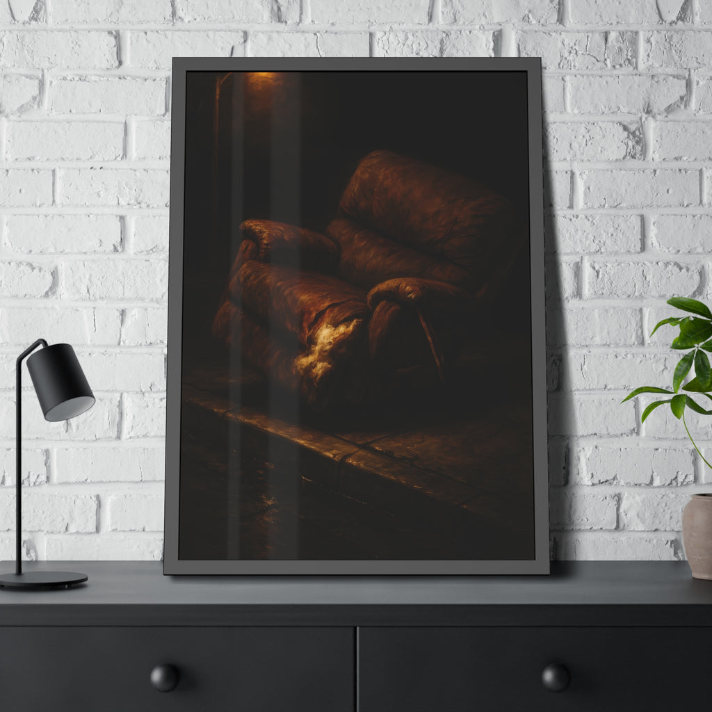 A torn brown recliner tipped on a curb in dim warm light. The Deposition of the Broken Recliner by Garabaggio, framed fine art print hanging in a room.
