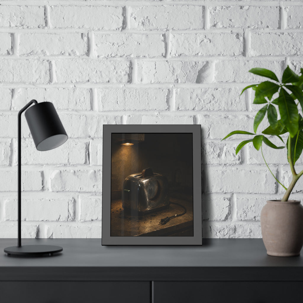 Scorched toaster with burnt toast on a counter under a cabinet light. Breakfast Interrupted by Garabaggio, framed fine art print hanging in a room.