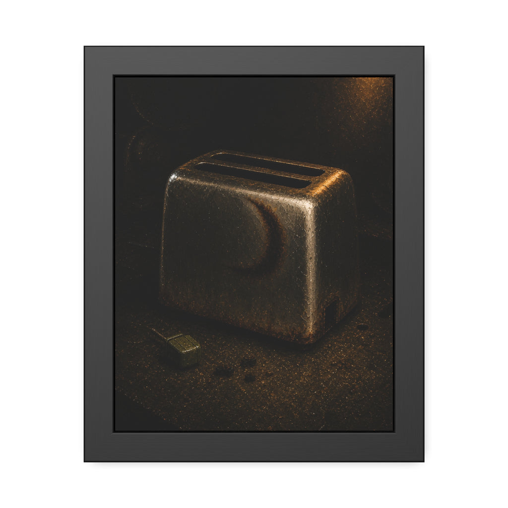 A scorched toaster on a dark counter with crumbs and its plug beside it. Shell Without Heat by Garabaggio, framed fine art print, 11″ x 14″.