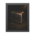 A scorched toaster on a dark counter with crumbs and its plug beside it. Shell Without Heat by Garabaggio, framed fine art print, 11″ x 14″.