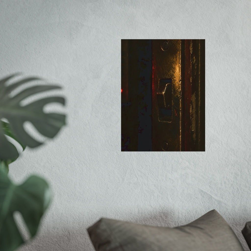 A brass door latch beside an intercom with a small red light. The Door Does Not Release by Garabaggio, fine art print hanging in a room.