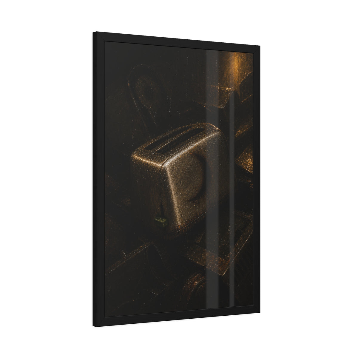 A scorched toaster resting on a heap of scrap appliances in dim light. The Arrival at Scrap by Garabaggio, framed fine art print hanging in a room.