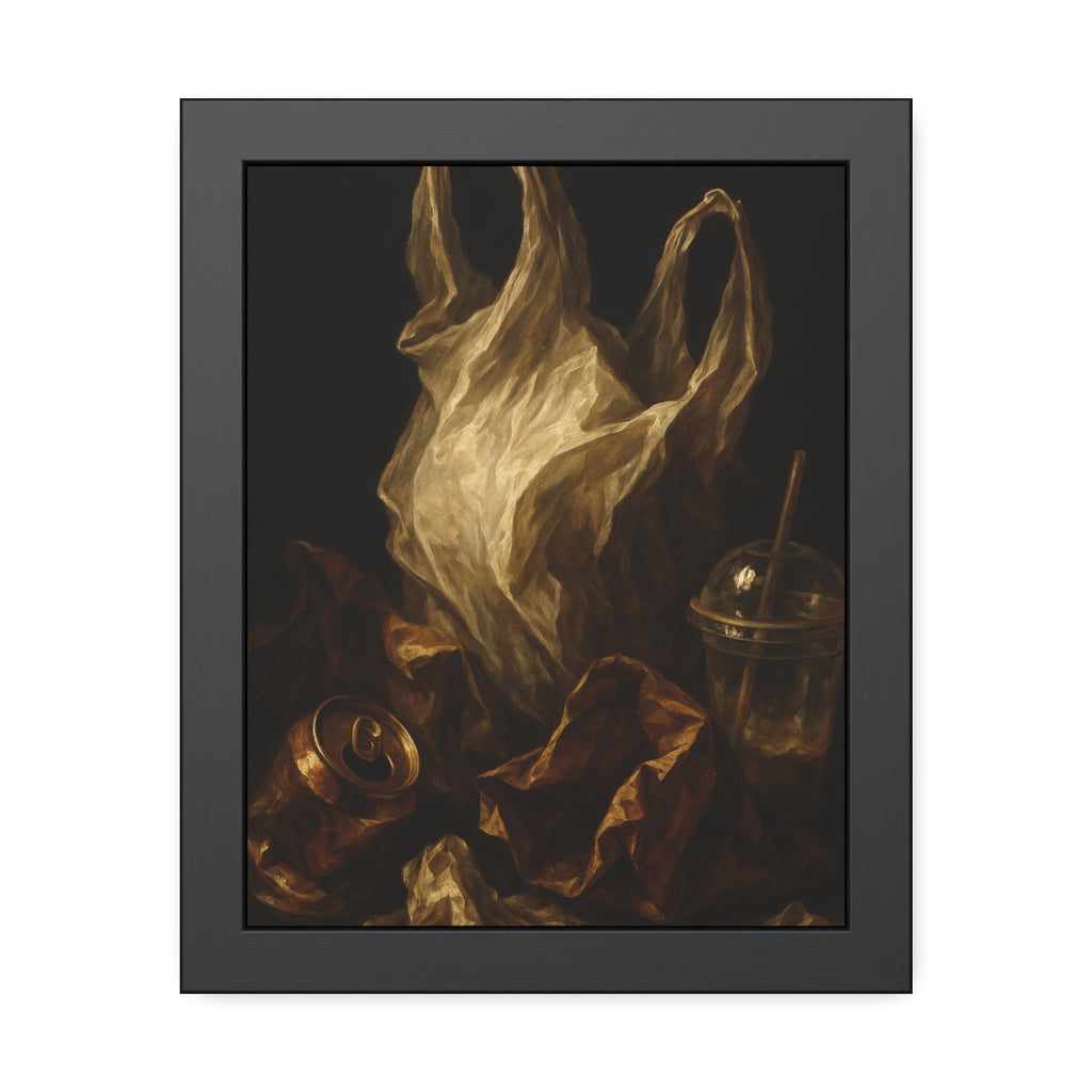 A plastic bag held open above a crushed can and a plastic cup with straw. The Apparition of the Bag by Garabaggio, framed fine art print, 11″ x 14″.