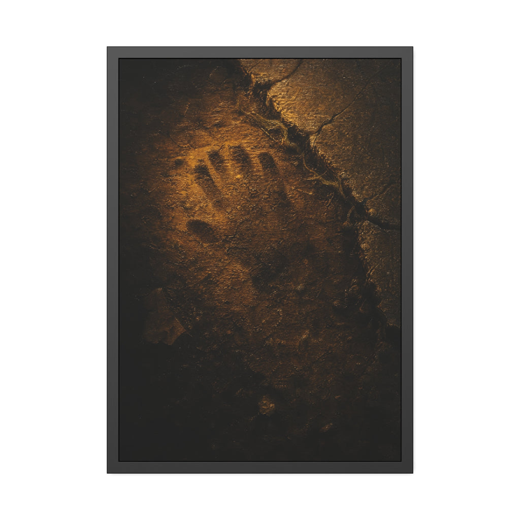 A glove shaped imprint left in cracked asphalt under warm light. The Assumption, or: What Remains by Garabaggio, framed fine art print hanging in a room.