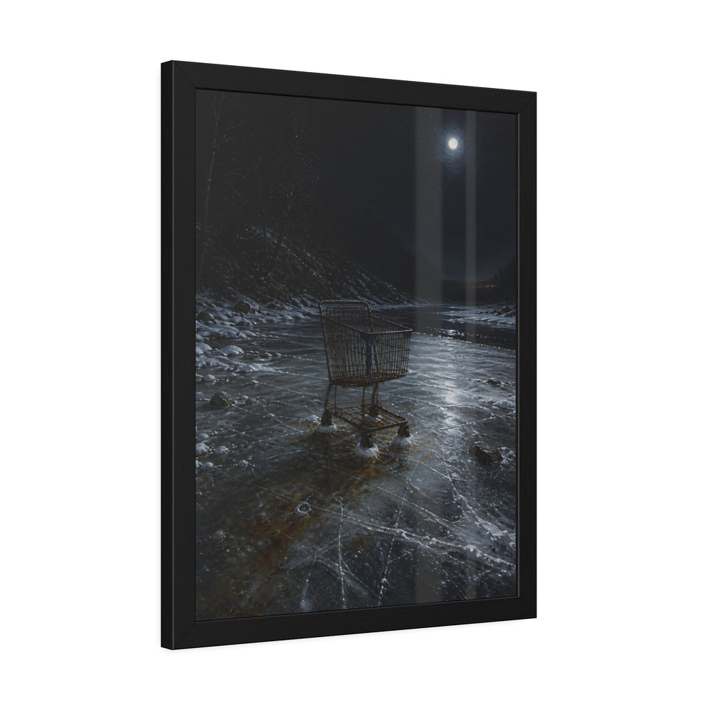 A rusted shopping cart frozen into moonlit river ice. The Wintering in the Ice by Garabaggio, framed fine art print hanging in a room.