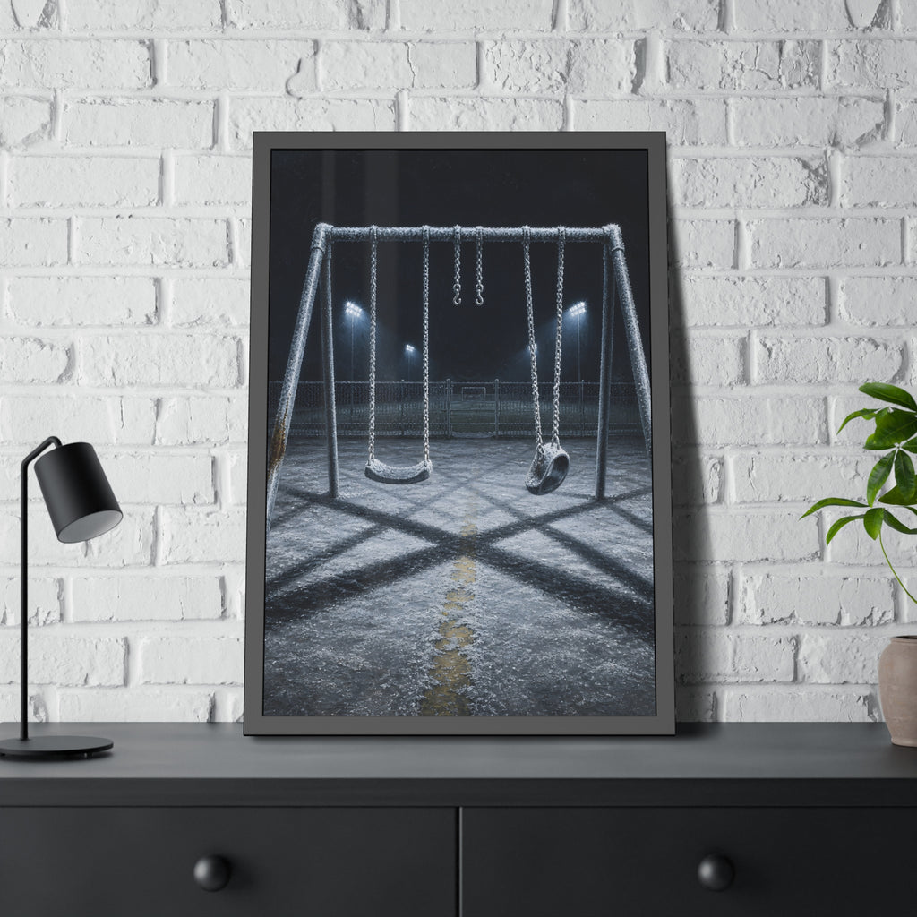 A frost covered swing set on empty asphalt under distant floodlights. The Third Hour: The Coldest Part by Garabaggio, framed fine art print hanging in a room.
