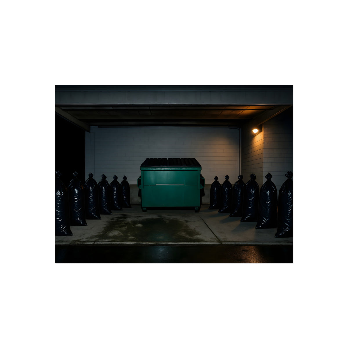 A green dumpster flanked by rows of black garbage bags under a lamp. Night Watch of the Loading Dock by Garabaggio, fine art print, 16″ x 12″.