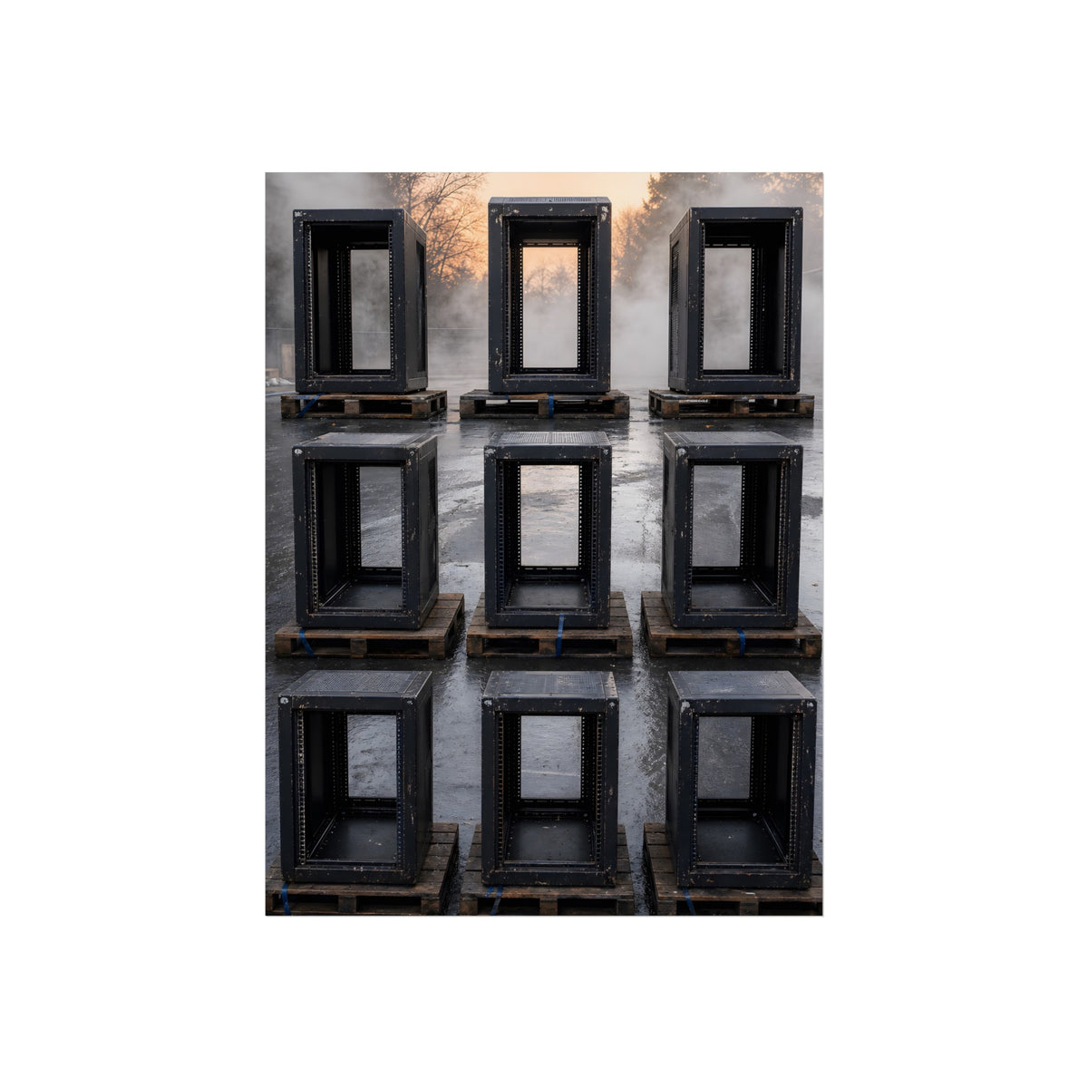 Nine empty black server racks on pallets in a wet lot at dawn. The Racks in the Morning Lot by Garabaggio, fine art print, 18″ x 24″.