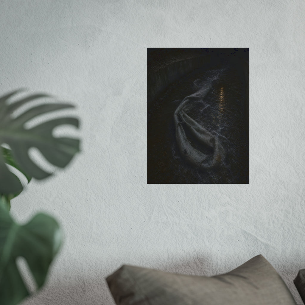 A deflated pool float caught in a concrete drainage channel of running water. The Release into Runoff by Garabaggio, fine art print hanging in a room.