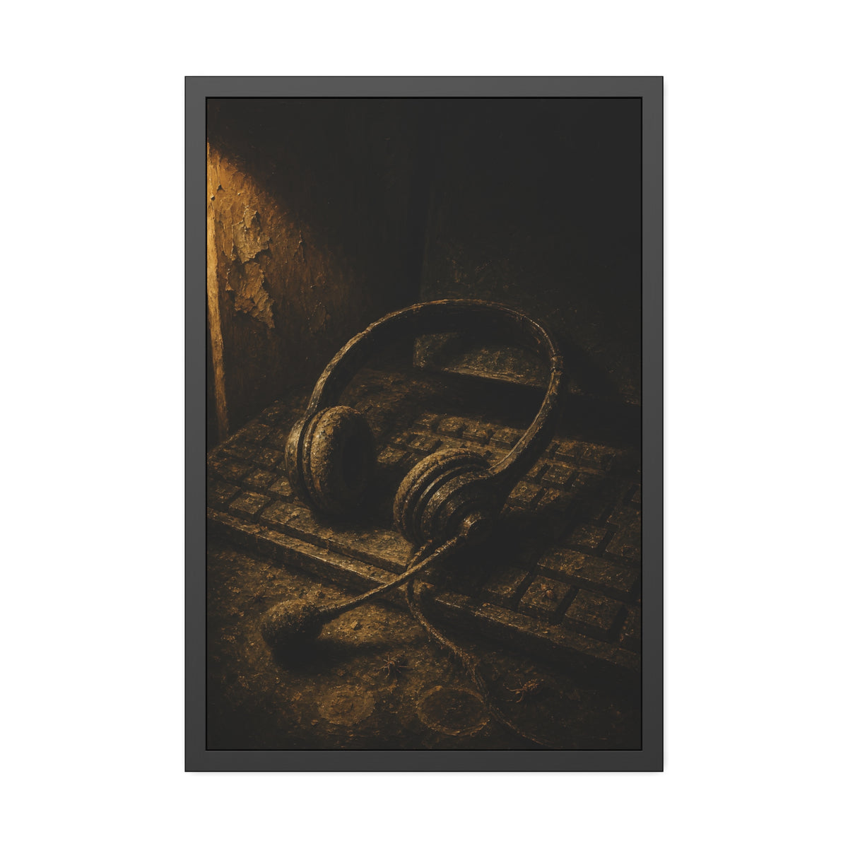 Dust covered headset resting on an old keyboard in brown light. Cubicles Under Dust by Garabaggio, framed fine art print, 24″ x 36″.