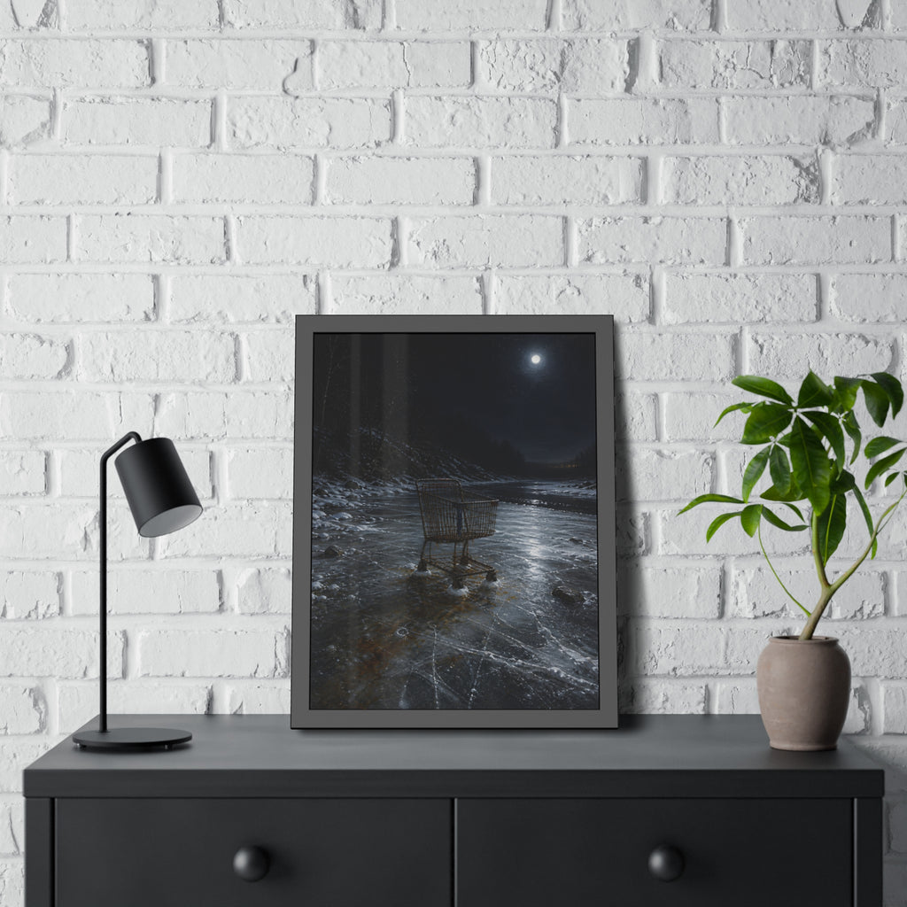 A rusted shopping cart frozen into moonlit river ice. The Wintering in the Ice by Garabaggio, framed fine art print hanging in a room.