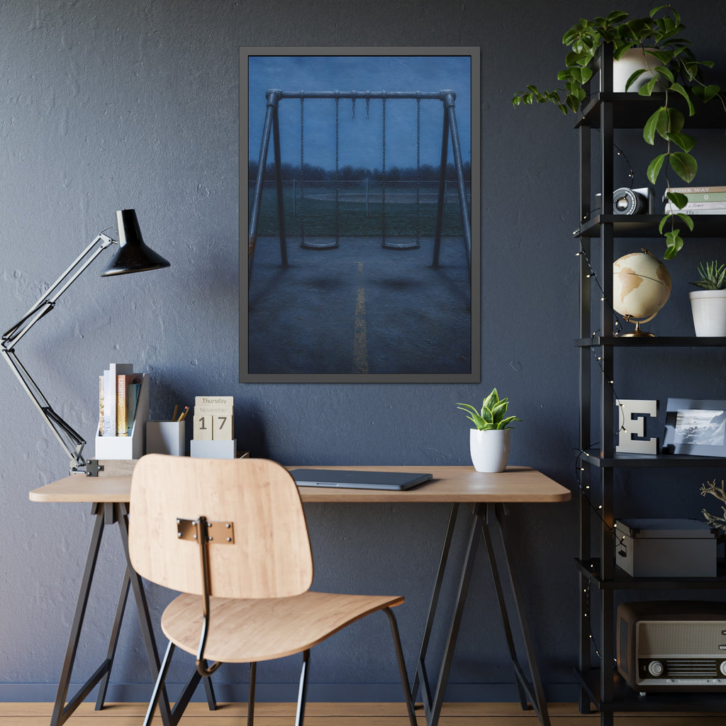 A swing set at dusk with two seats hanging straight. The Sixth Hour: The Seat Hanging Straight by Garabaggio, framed fine art print hanging in a room.