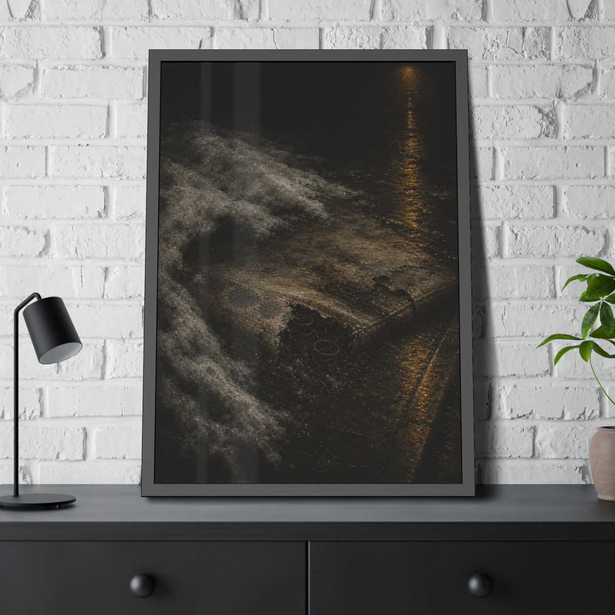A soaked mattress in melting snow at the curb beside a wet street. The Thaw by Garabaggio, framed fine art print hanging in a room.