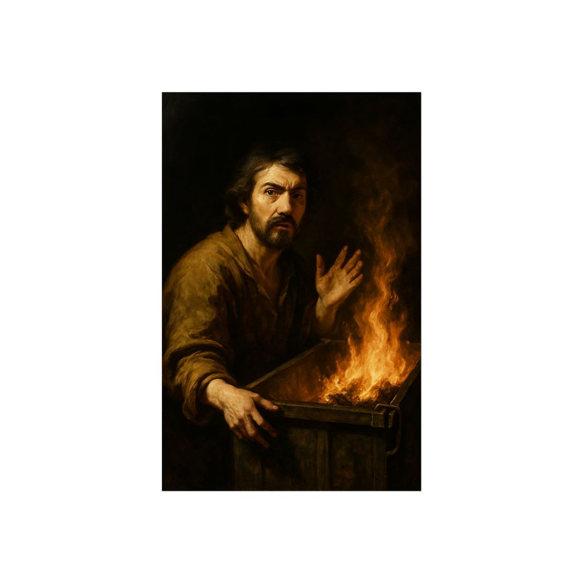 Man gripping the edge of a burning dumpster with one hand raised. Self-Portrait at 3:40 AM by Garabaggio, fine art print hanging in a room.