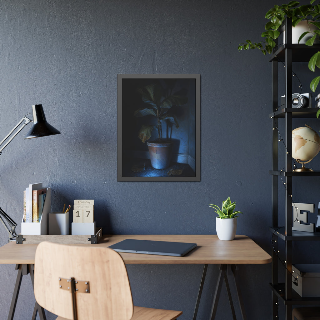 A dying potted plant in a corner washed in blue television light. The Television Hours by Garabaggio, framed fine art print hanging in a room.