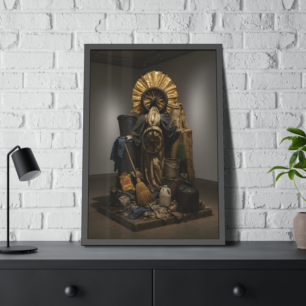 A draped figure with cart wheels above heaped trash. The Martyrdom of Saint Catherine of the Cartwheel by Garabaggio, framed fine art print hanging in a room.